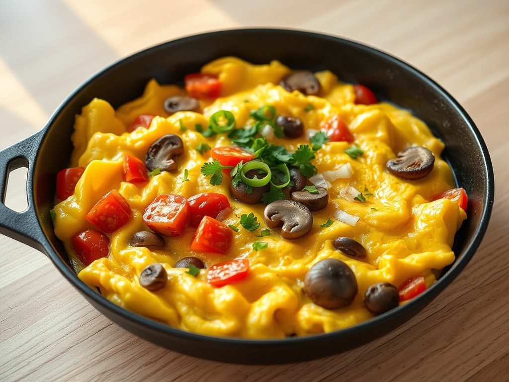 Roerei- tomatenschotel met ui en champignons, AI-gegenereerde illustratie