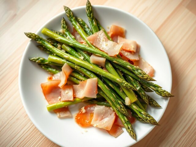Roergebakken groene asperges met beenham