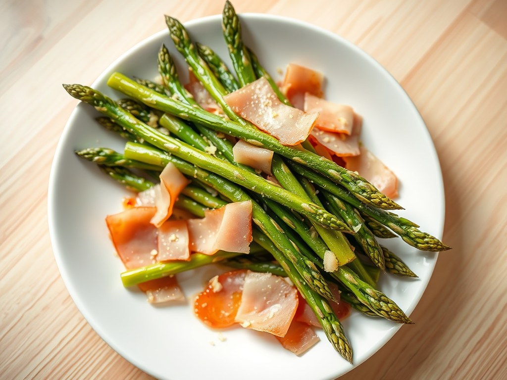 Roergebakken groene asperges met beenham, AI-gegenereerde illustratie