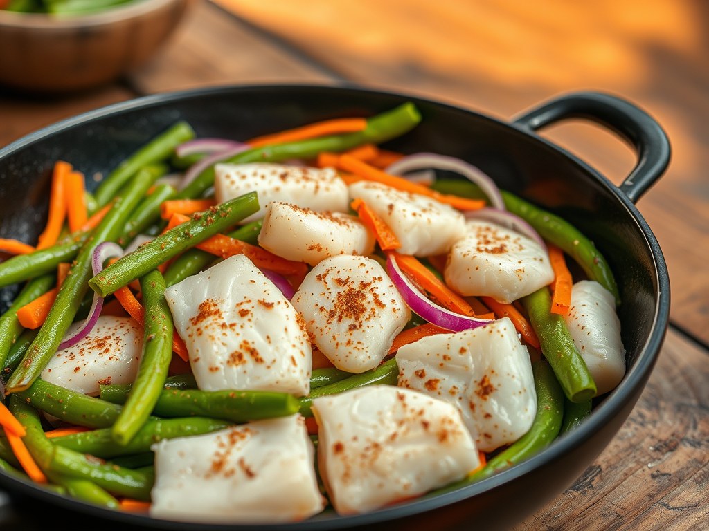 roergebakken pangasius met sperziebonen, AI-gegenereerde illustratie