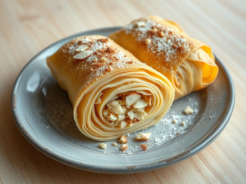 Rollade van filodeeg en amandelen, AI-gegenereerde illustratie