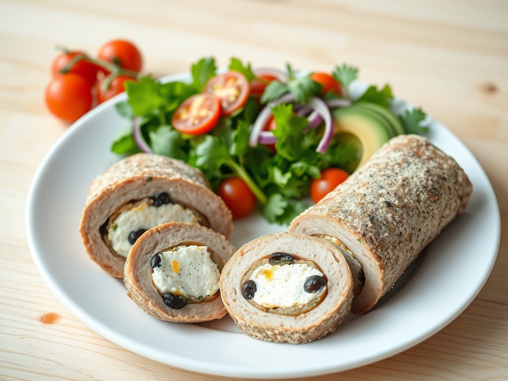 Rollade van konijn met avocadosalade, AI-gegenereerde illustratie