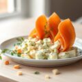 Rolletjes van gerookte zalm met een salade van hard gekookte eieren en wasabi