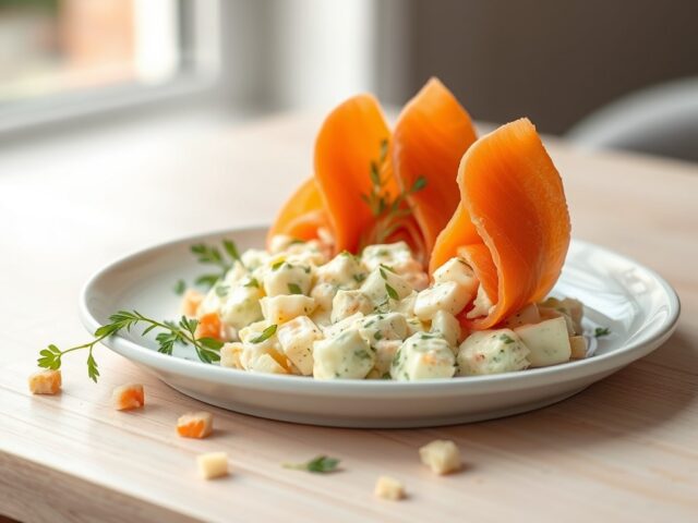 Rolletjes van gerookte zalm met een salade van hard gekookte eieren en wasabi