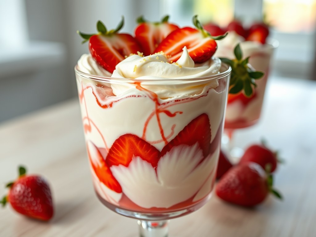 Romig aardbeiendessert, AI-gegenereerde illustratie
