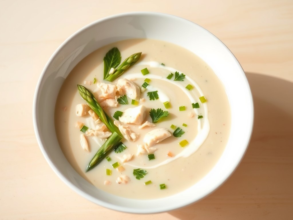 Romige asperge kippensoep, AI-gegenereerde illustratie