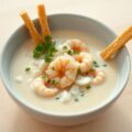 Romige aspergesoep met garnalen en krab