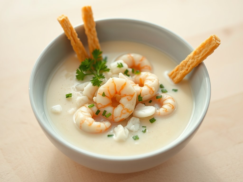 Romige aspergesoep met garnalen en krab, AI-gegenereerde illustratie