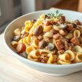 Romige farfalle met boontjes en kipgehakt