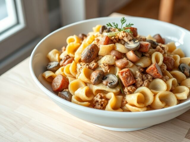 Romige farfalle met boontjes en kipgehakt