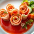 Roos van Gandaham of Parmaham en zalm op een spieg