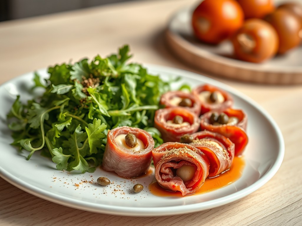 Rosbief-champignontruffeltjes met rucolasalade, AI-gegenereerde illustratie