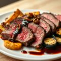 Rosbief met balsamicojus, aardappelen en courgette