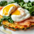 Rosti met spinazie,gepocheerde eieren en zalm