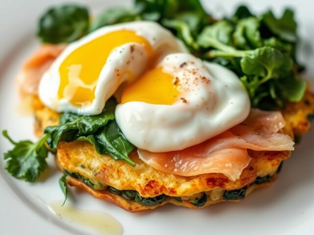 Rosti met spinazie,gepocheerde eieren en zalm