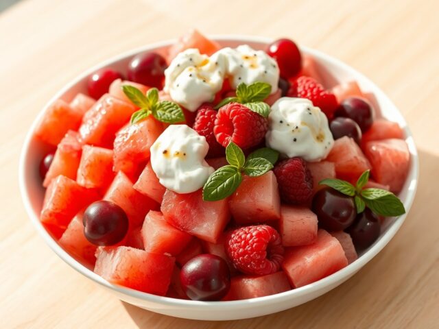 Roze fruitsalade met roomkaas
