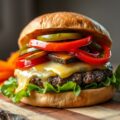 Rundburgers met gebakken paprika, abdijkaas, wortelreepjes