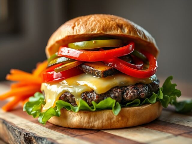 Rundburgers met gebakken paprika, abdijkaas, wortelreepjes