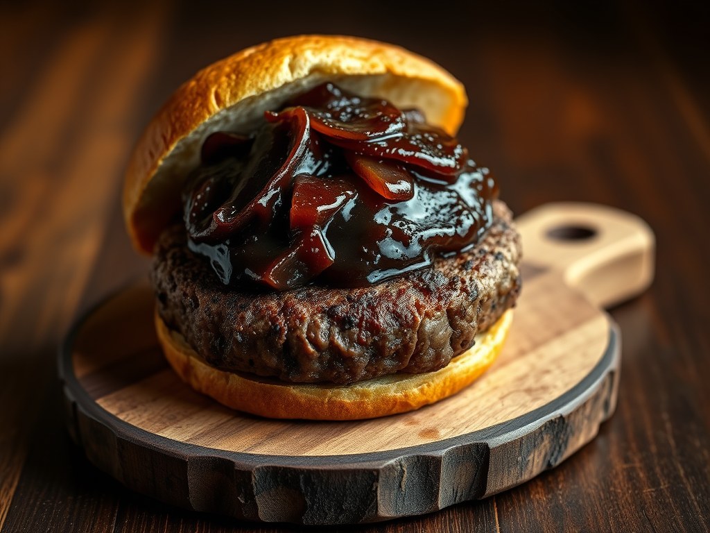 Runder-Lende-Burger met Uien-Confit, AI-gegenereerde illustratie
