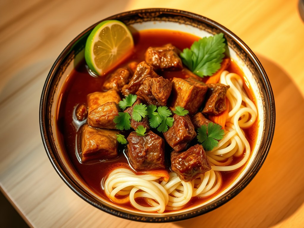 Runderstoof met Rijstvermicelli op Thaise Wijze, AI-gegenereerde illustratie