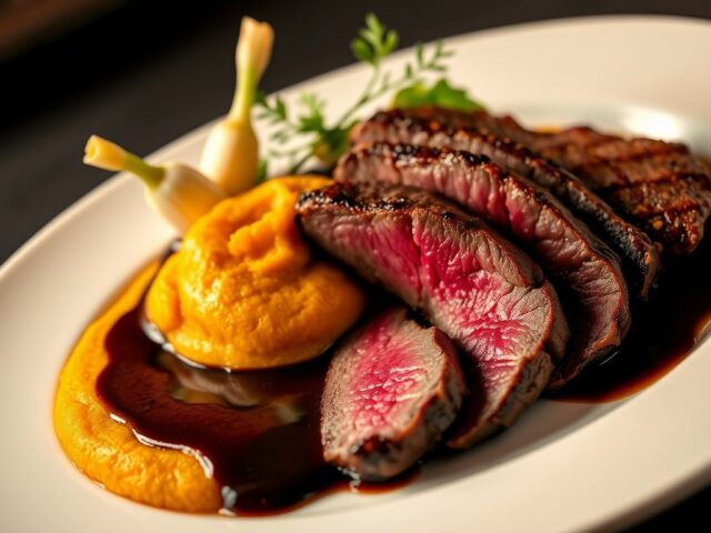 Rundsfilet met truffelsaus en zalf van pompoen
