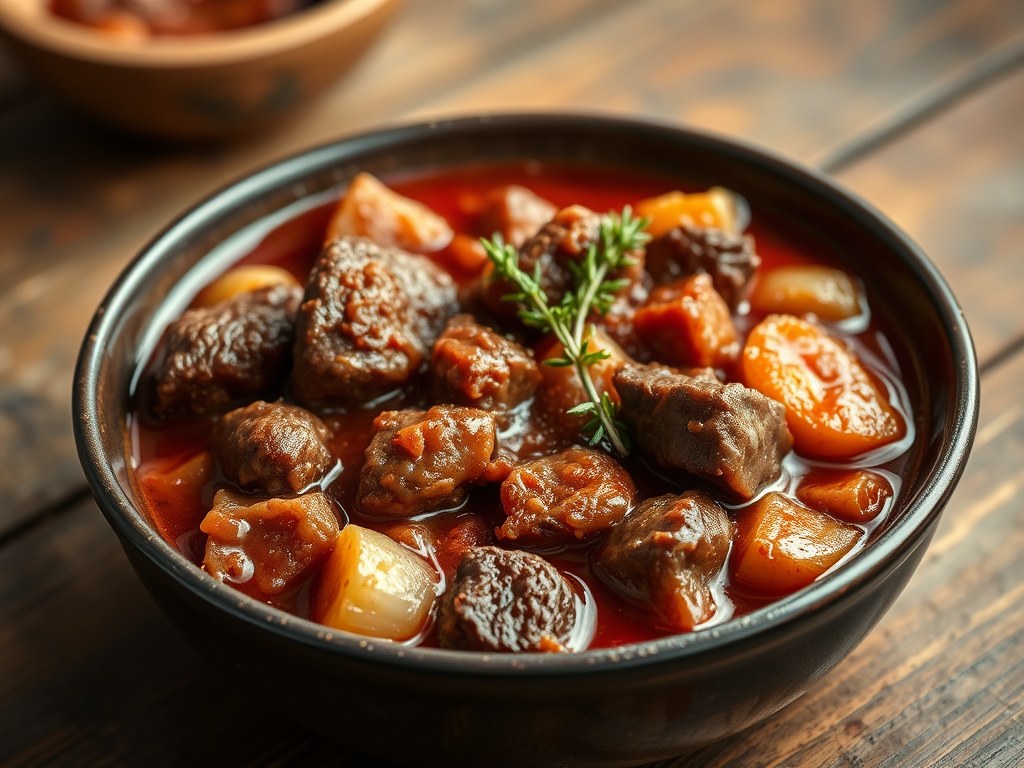 Rundvlees in tomatensaus op Bourgondische wijze, AI-gegenereerde illustratie