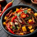 Rundvlees met chilipepers, paprika en maïskolfjes