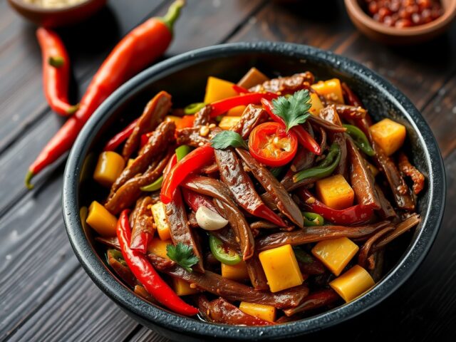 Rundvlees met chilipepers, paprika en maïskolfjes