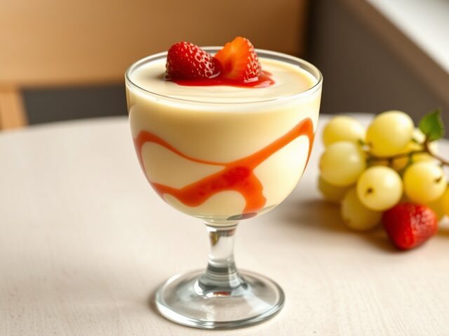 Sabayon met aardbeiencoulis en witte druiven.