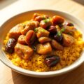 Saffraan-Kip met Dadels over Saffraan-Rijst