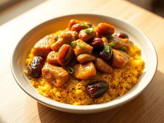 Saffraan-Kip met Dadels over Saffraan-Rijst