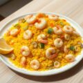 Saffraanrijst met scampi en inktvis