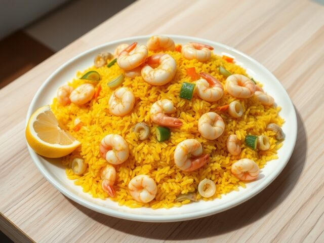 Saffraanrijst met scampi en inktvis