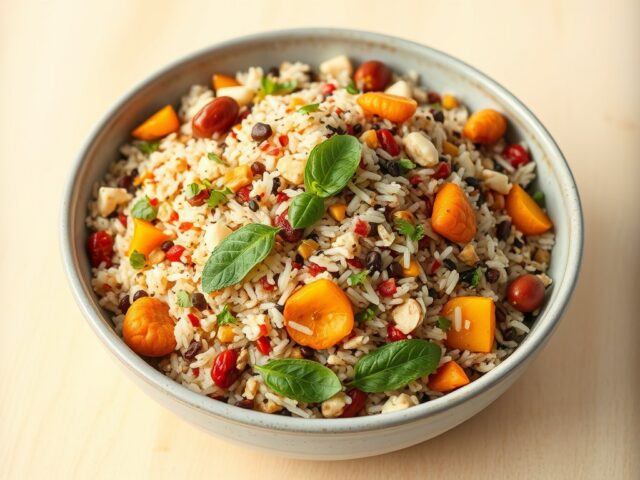 Salade met 3 soorten rijst, munt, basilicum en abrikozen