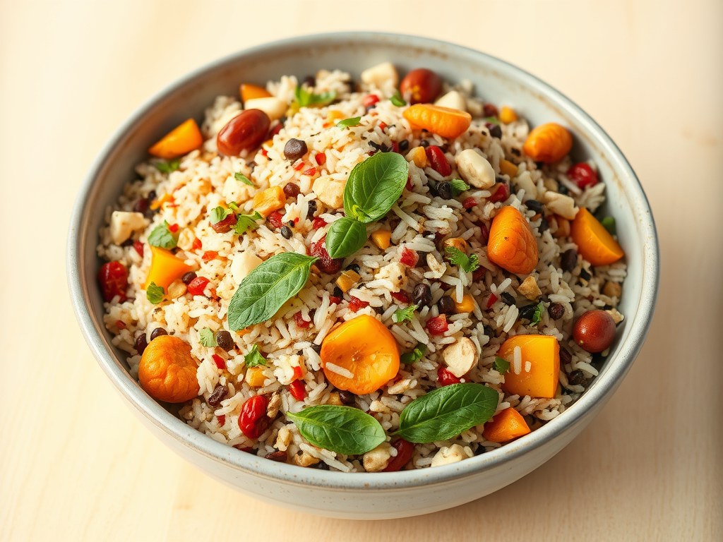 Salade met 3 soorten rijst, munt, basilicum en abrikozen, AI-gegenereerde illustratie