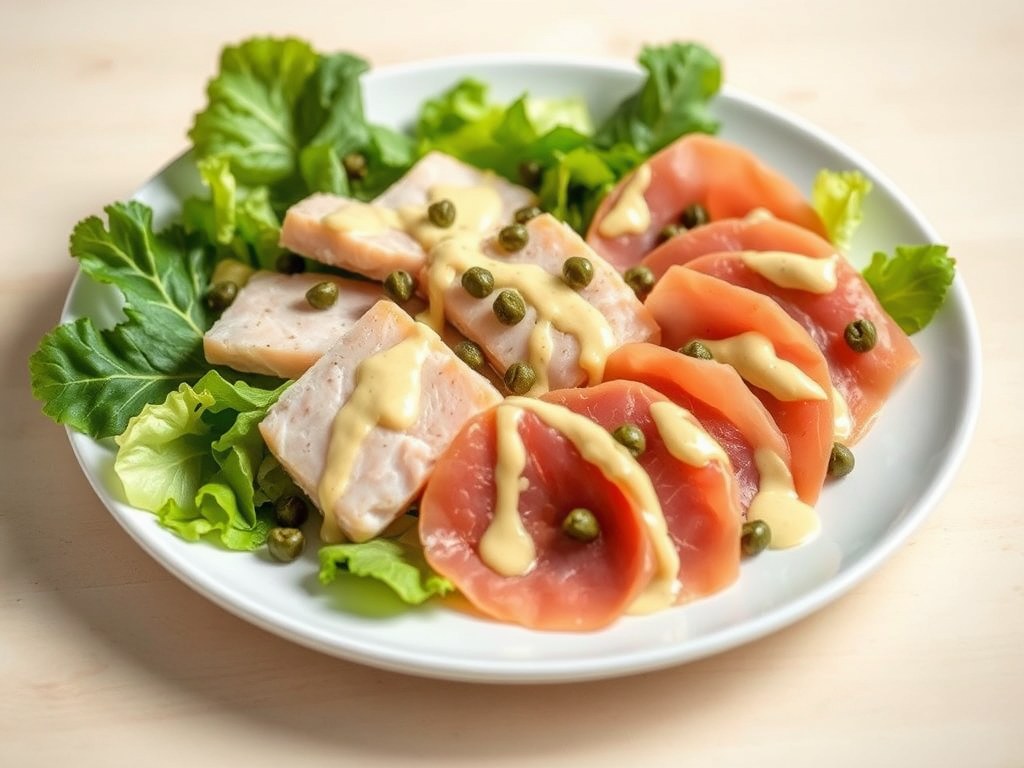 Salade met forel en rookvlees, AI-gegenereerde illustratie