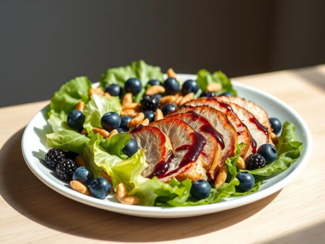 Salade met gebakken duivenborst en bramendressing