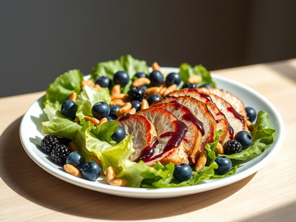 Salade met gebakken duivenborst en bramendressing, AI-gegenereerde illustratie