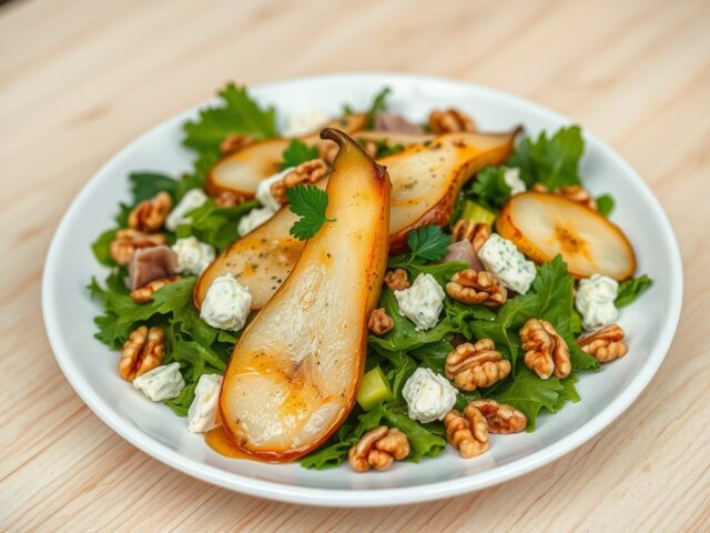 Salade met gebakken peer, gorgonzola, walnoten en