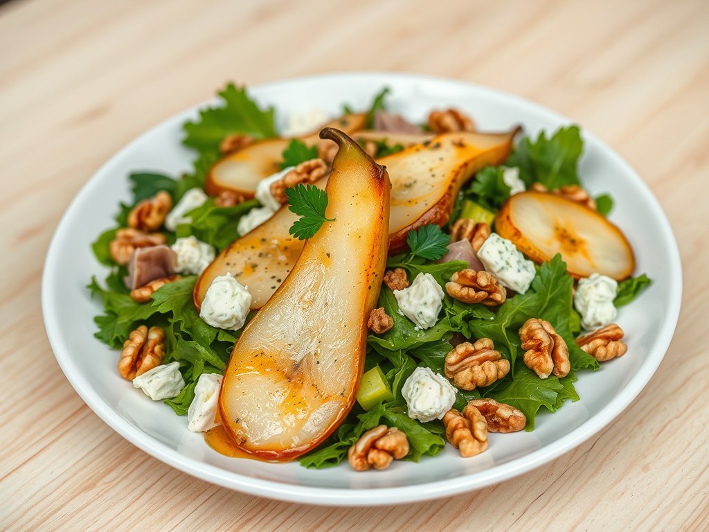 Salade met gebakken peer, gorgonzola, walnoten en, AI-gegenereerde illustratie