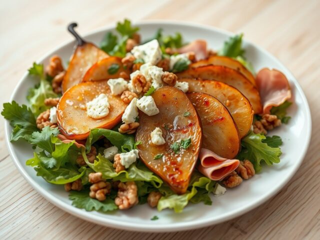 Salade met gebakken peer, Gorgonzola, walnoten en gerookte ham