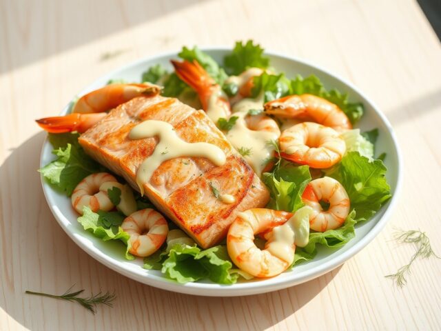 salade met gebakken zalm en gamba^A’s