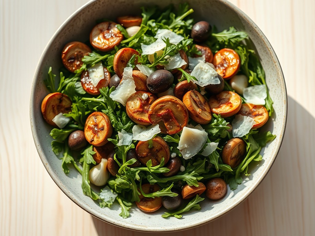 Salade met gemarineerde champignons, AI-gegenereerde illustratie