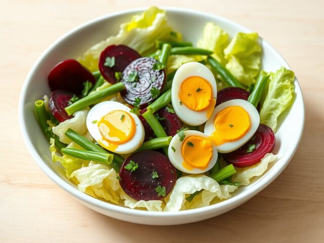 Salade met lopend eitje, sperziebonen, rode biet, peterselie