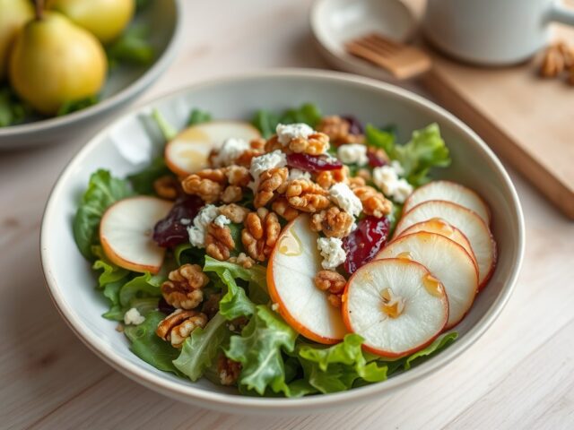 Salade met peer en warme walnoten
