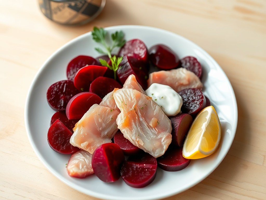 Salade met Rode Bietjes en Gerookte Forel, AI-gegenereerde illustratie