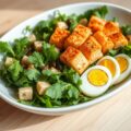 Salade met roergebakken blokjes zalm en basilicum