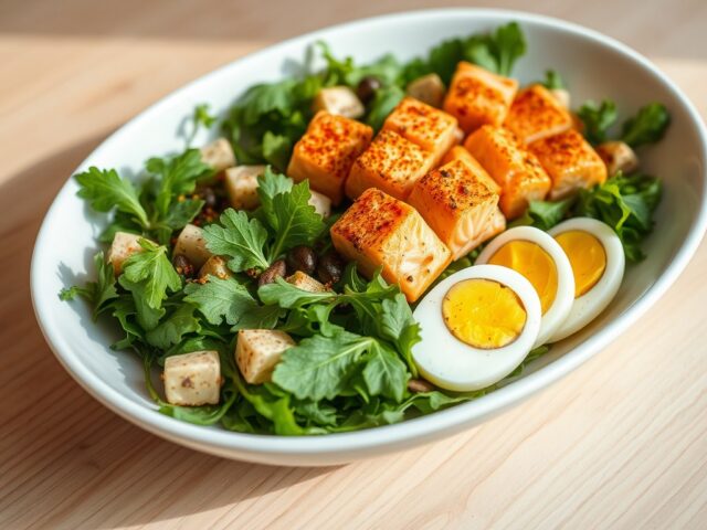 Salade met roergebakken blokjes zalm en basilicum