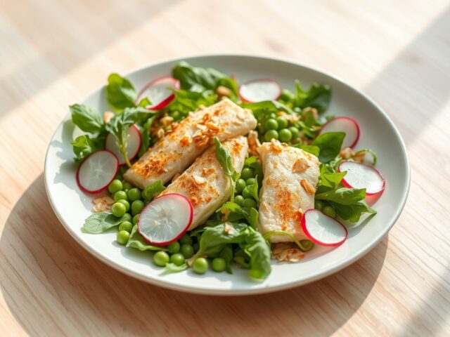 Salade met verse erwtjes, sliptong en sinaasappeld