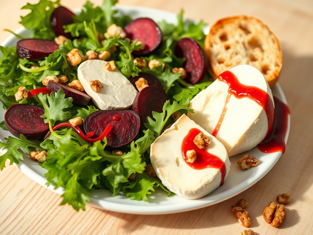 Salade met warme brie en frambozendressing, AI-gegenereerde illustratie